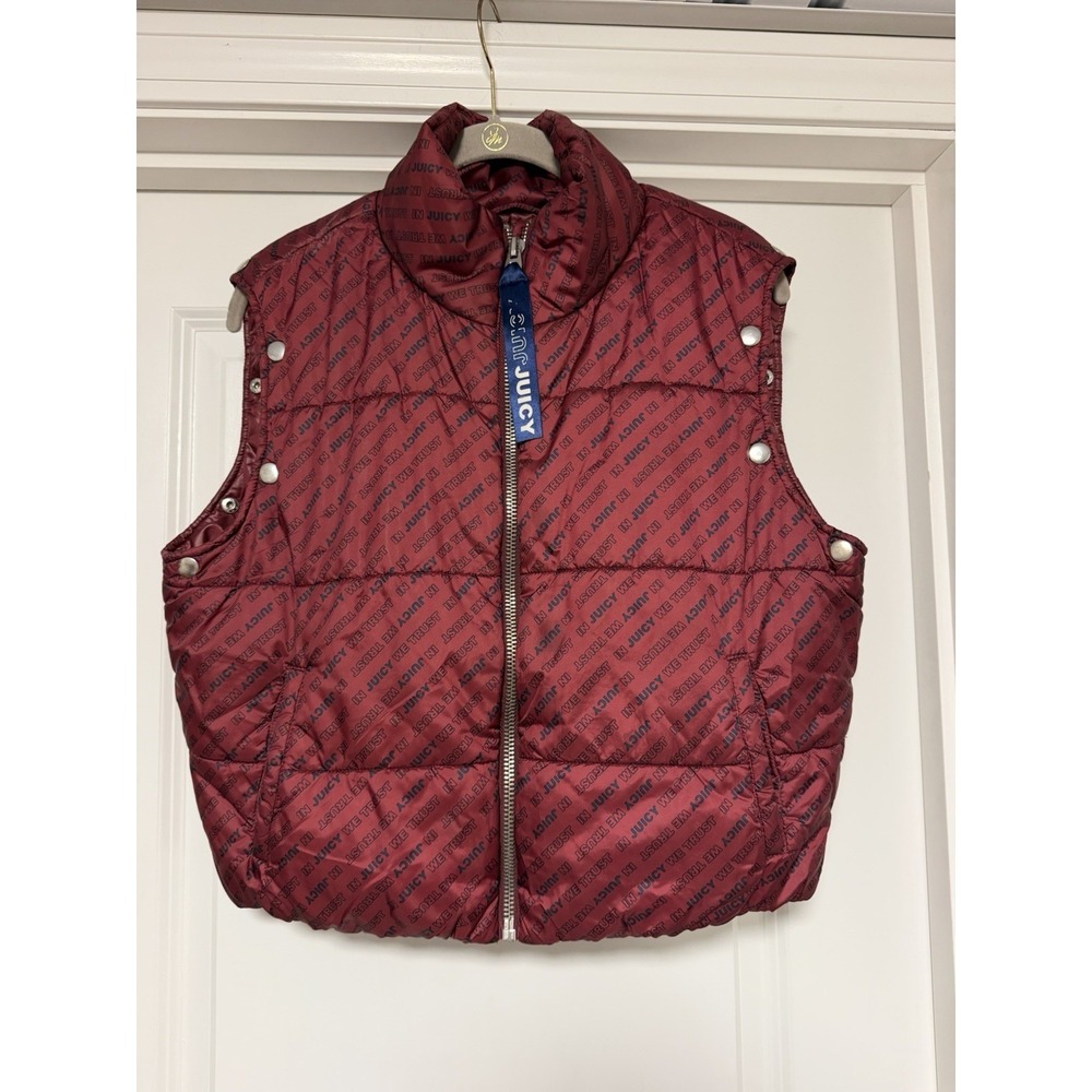 Juicy Couture, puffer vest w/ all-over "In Juicy We Trust" monogram print, Med